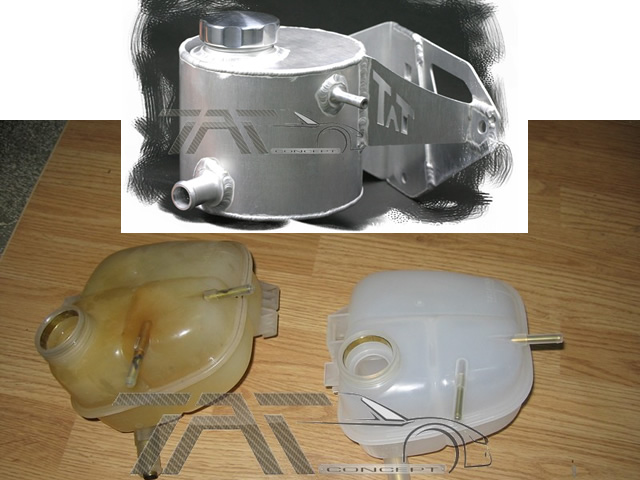 TAT aluminium koelvloeistofvat en de standaard versie geel/broos en nieuw wit.